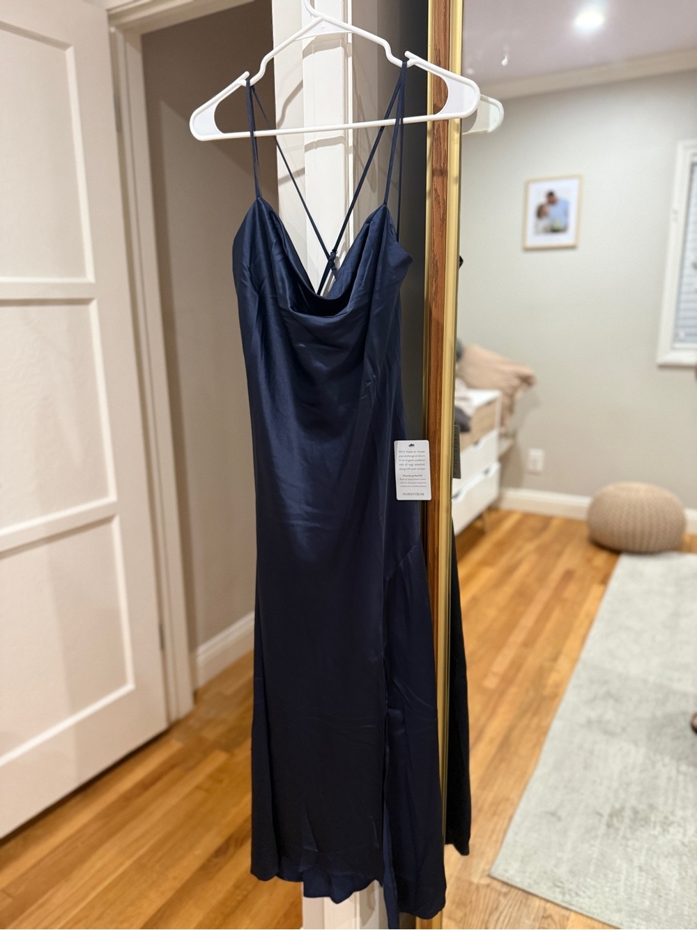 Astr Navy Satin Cowl Midi Dress with High Side Slit - Picture 3 of 7